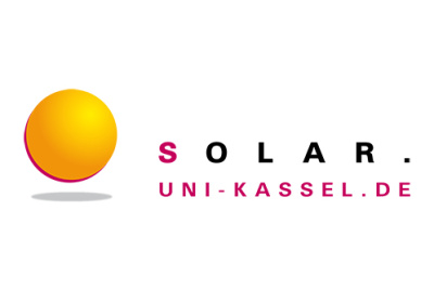 Logo Solar.Uni-Kassel.de Institut für Thermische Energietechnik in schwarzer und pinkfarbener Schrift und einer stilisierten Sonne.